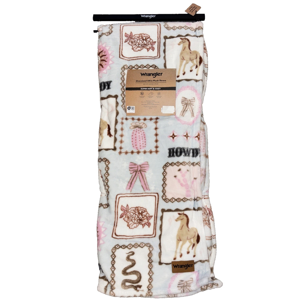 Wrangler Horse Howdy Bow Pink Pastel Blue Throw Blanket Western Cowgirl 60x70